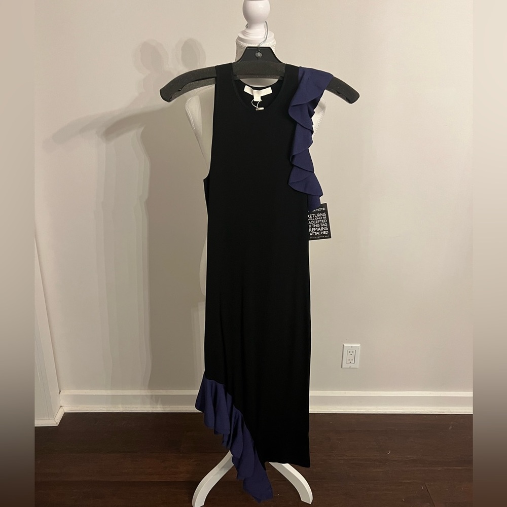 Simkhai Black Fitted Dress With Navy Ruffle At Top And Bottom, Size Small, NWT